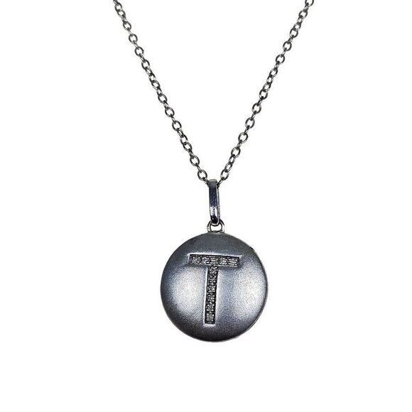 Initial T Round Brushed Sterling Silver 925 Genuine Diamond Pendant Necklace WTJ - Picture 1 of 12